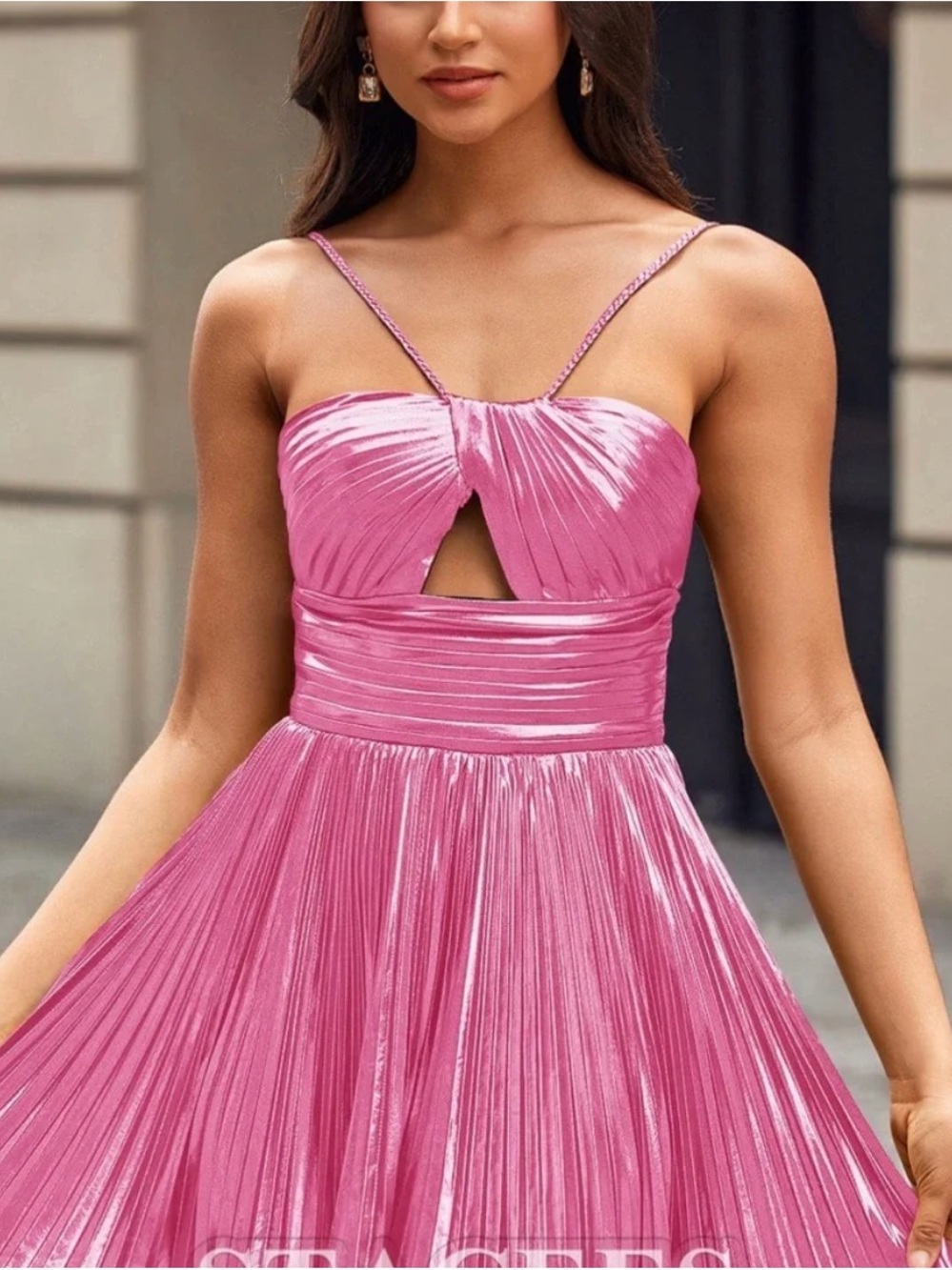 Radiant Pink Pleated Spaghetti-Strap Mini Dress